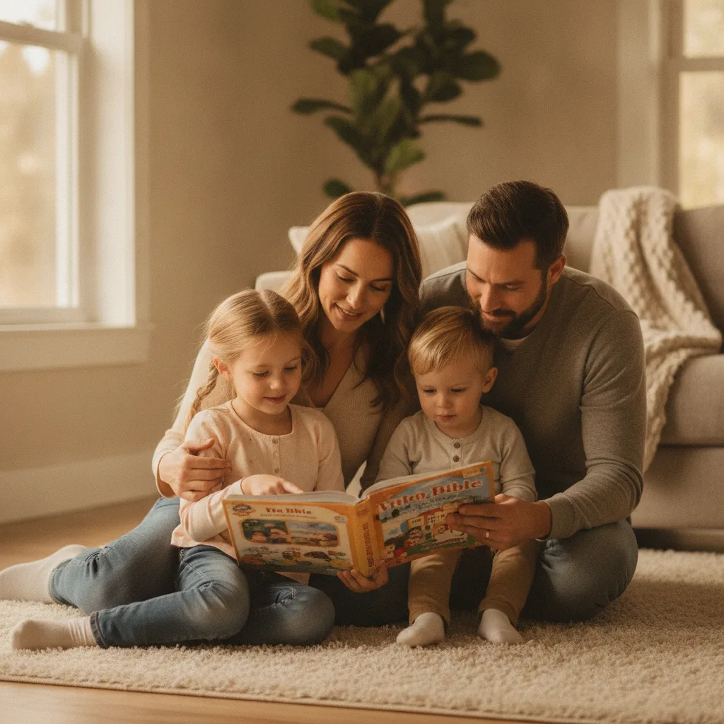 A young family reading the Bible together at home