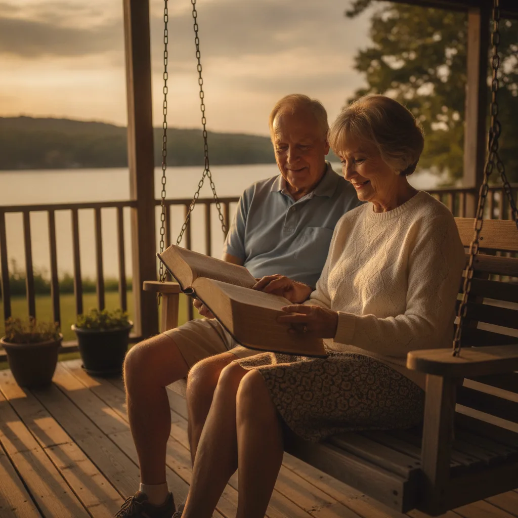 Senior couple reading a Bible together on a porch by a lake