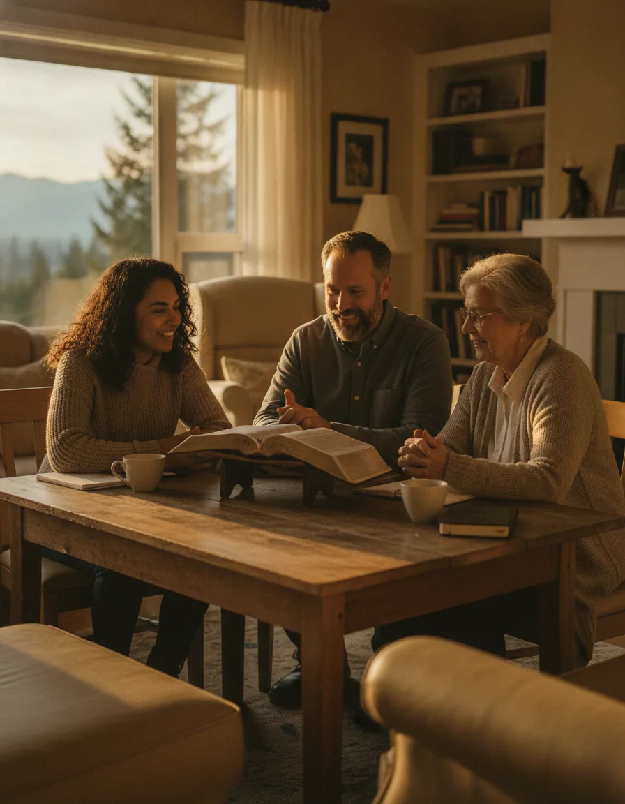 People of different ages studying an open Bible together around a table