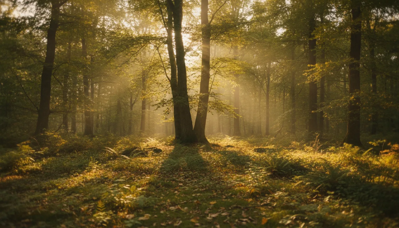 Lush green forest with sunlight filtering through tall trees