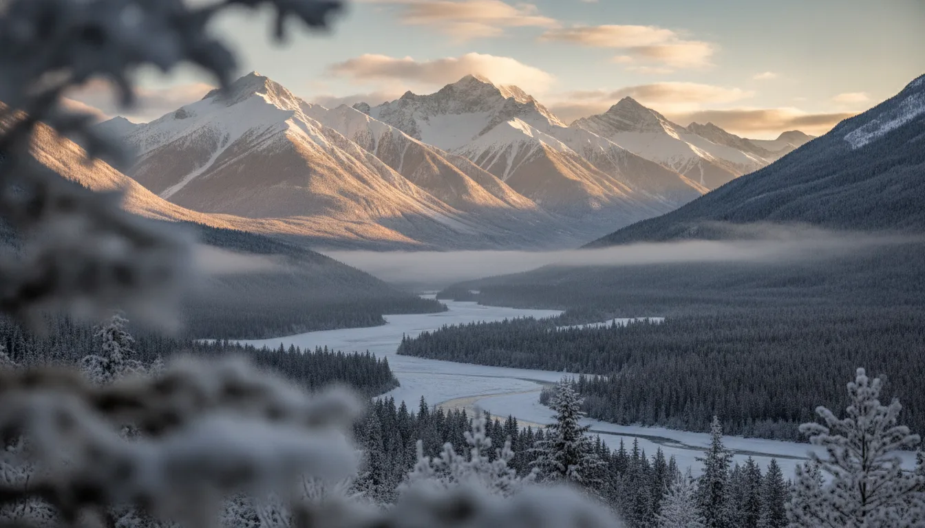 Sunrise breaking over snow-capped mountains in British Columbia