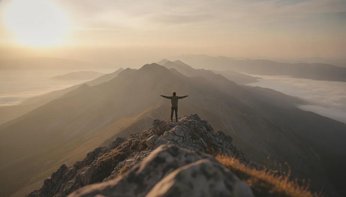 Person standing on a mountain ridge at dawn with arms open